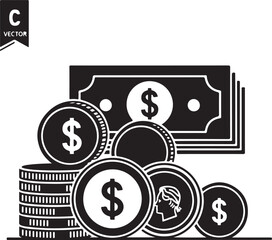 Black and white icon of U S dollar banknotes and coins money finance