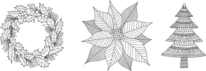 Christmas wreath illustration, poinsettia flower drawing, decorative holiday tree, festive line art, black and white coloring page design
