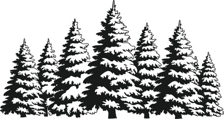 Winter forest evergreen pine trees silhouette covered in snow, black and white illustration, holiday season nature landscape vector art design