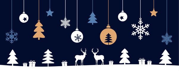 christmas winter border with deer gift and hanging decoration vector illustration