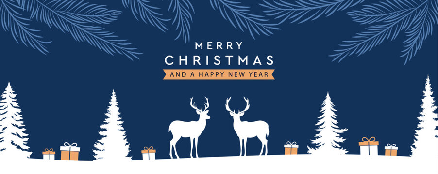 christmas winter border with deer in forest vector illustration