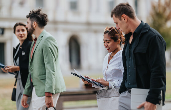 A diverse group of colleagues stroll outdoors, reviewing a notebook and devices as they chat and plan. Casual mood with focus, collaboration, and friendly teamwork. - Powered by Adobe