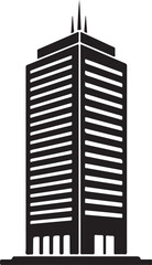 Stylized black and white icon of a tall skyscraper building with sharp spire skyscraper icon