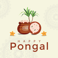 Happy Pongal greeting card. Indiana harvesting celebration banner. Pot, flower, plant, text. Poster for web design. Vector illustration