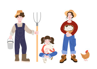 Vector illustration of a happy farmer, his wife holding a basket of eggs and their daughter playing with a rabbit. Farming family isolated on white background.
