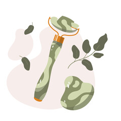 Composition of a patterned jade roller and gua sha stone surrounded by decorative eucalyptus leaves on an abstract pastel background. Skincare and self-care concept.