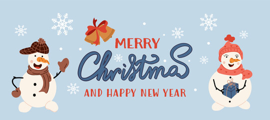 Merry Christmas and Happy New Year horizontal banner, decorated with snowman and snowgirl, snowflakes, and golden bells on a light blue background. 