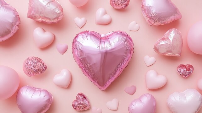 Romantic valentine’s day background with floating 3d red hearts and glossy heart balloons, festive love banner design for greeting card, wedding invitation, or romantic celebration decoration concept 