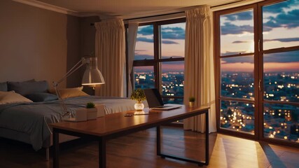 Interior bedroom workspace with laptop on desk beside large window. Sunset reflects over city view. Modern home office setup with warm lighting and organized desk space for remote work - Powered by Adobe
