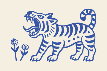 Fototapeta premium Roaring tiger with flowers — naive brush line vector