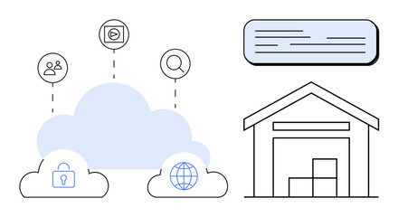 Cloud with security, globe, user, search, files icons, and warehouse symbolizes data storage, safety, access file sharing. Ideal for technology logistics storage security cloud computing