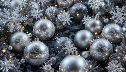 Silver Christmas ornaments and snowflakes create festive and elegant holiday scene. shimmering decorations are nestled among dark foliage, adding contrast and sparkle to arrangement