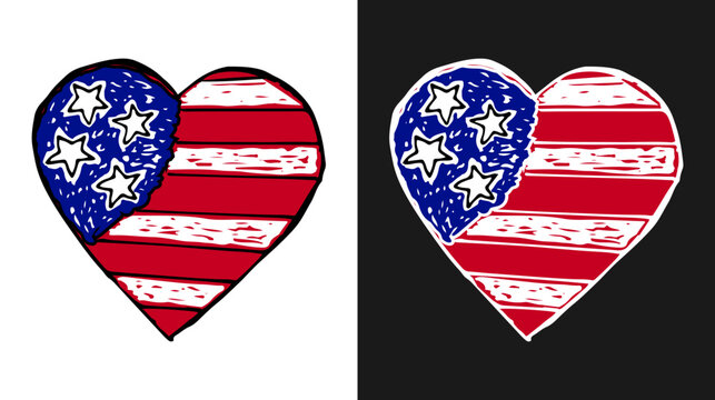 Heart shape hand drawn doodle vector with the American flag design Stars and Stripes