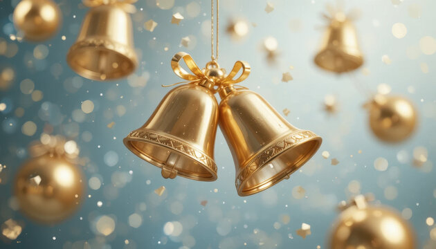 Golden bells and ornaments hang against soft blue background, creating festive and joyful atmosphere. shimmering decorations and sparkling confetti evoke sense of celebration and holiday cheer