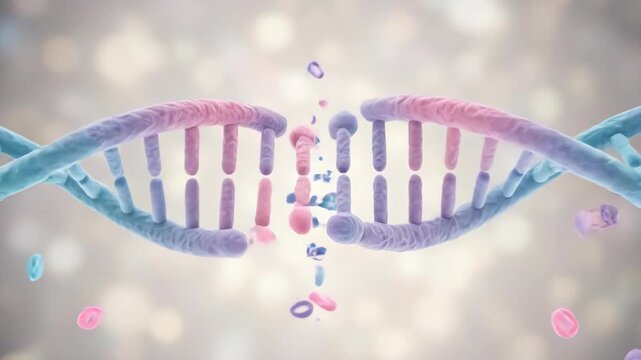 Vertical DNA ribbon unraveling sequence showing nucleotides detaching and breaking apart. Genetic mutation and damage concept for biology.