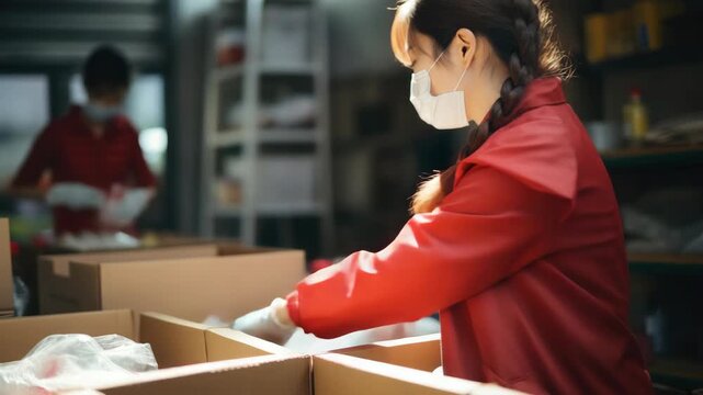 A worker wearing a red jacket and mask handling food items in a kitchen setting.
