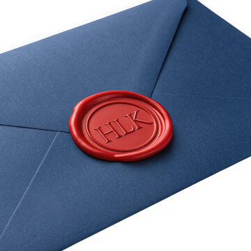 Blue envelope with red wax seal and hlk monogram, formal mail