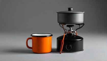 Compact camping stove setup with gray pot and orange enamel mug—evoking outdoor cooking