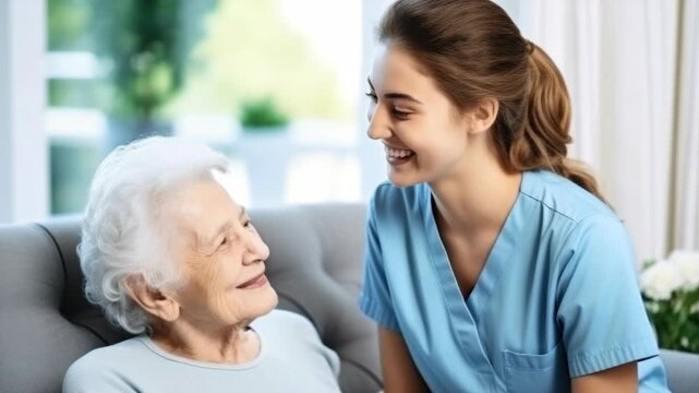 A compassionate nurse engaging with an elderly patient in a comfortable environment - Powered by Adobe