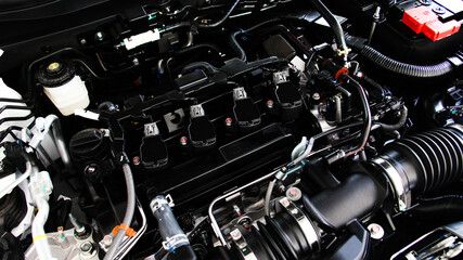 Fototapeta premium Close-up detail clean of a car engine that's a part of the car. Maintenance car repairs auto or automotive concept. Engine using petrol.