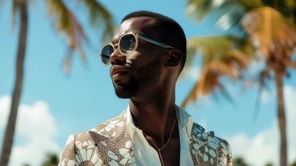 A man wearing sunglasses and a floral shirt. He is standing in front of a palm tree