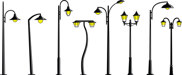 Street lamp icon set, urban lighting, vintage, modern, black pole, yellow light, minimal, outline, vector, sketch, city, design, architecture, public space, illumination, lamp post, 