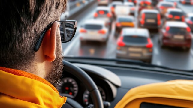 Driver's Perspective Stuck in Congested City Traffic, Reflecting Modern Commute