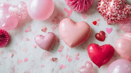 Obraz premium Romantic valentine’s day background with floating 3d red hearts and glossy heart balloons, festive love banner design for greeting card, wedding invitation, or romantic celebration decoration concept 