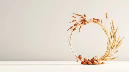 Thanksgiving Greeting Card with Illustrated Acorn and Wheat Wreath, Centered on Vast White Background with Empty Space for Custom Message