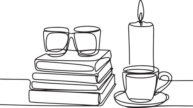 Continuous Line Art Illustration of Cozy Home Still-Life with Books Glasses Candle and Cup
