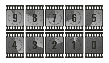 Collection of countdown film strip frames with numbers. From 9 to 0. Retro cinema movie timer counters. Vector illustration