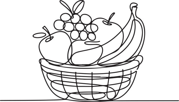 Continuous Line Art Illustration of Basket of Fruits