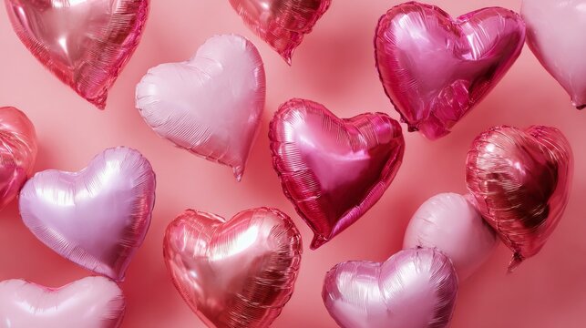 Romantic valentine’s day background with floating 3d red hearts and glossy heart balloons, festive love banner design for greeting card, wedding invitation, or romantic celebration decoration concept 