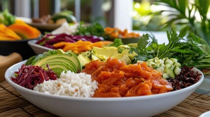 Exquisite Hawaiian Poke Bowl Close-Up: A Vibrant and Fresh Culinary Delight