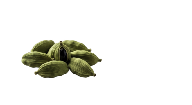 Green Cardamom Pods on a Green Background with One Open Pod - Powered by Adobe