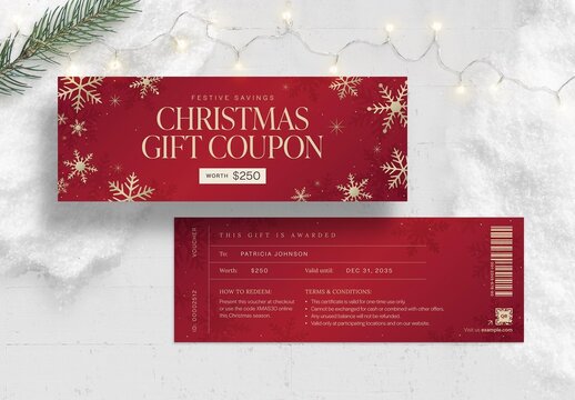 Christmas Gift Certificate, Voucher & Coupon Template for Festive Holiday Marketing with Red Background & Gold Snowflake Illustrations