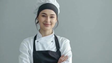 A young female chef wearing a black and white kitchen uniform. She is smiling at the camera.