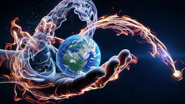 Hand holding planet Earth in palm. Globe floats above hand wrapped in smoke and fire. Space universe backdrop adds cosmic energy and glow. Surreal concept suggests protection balance and threat now.