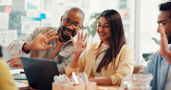 Video call, office and business people on laptop wave for conversation, networking and virtual meeting. Startup, creative agency and men with woman on computer for discussion, planning and webinar