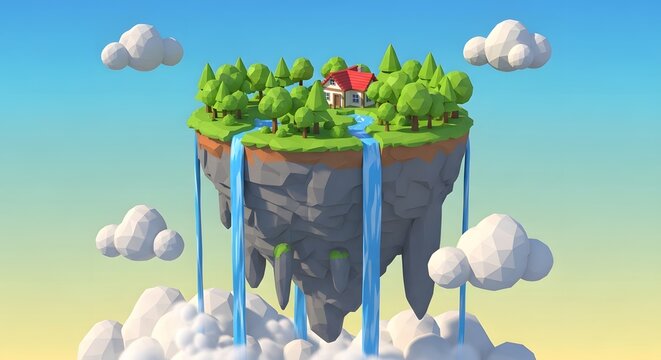 A whimsical floating island with a small house, lush trees, and cascading waterfalls surrounded by clouds in a bright, colorful sky scene