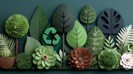 A vibrant display of various green leaves, flowers, and a recycling symbol arranged in a lush, natural setting.