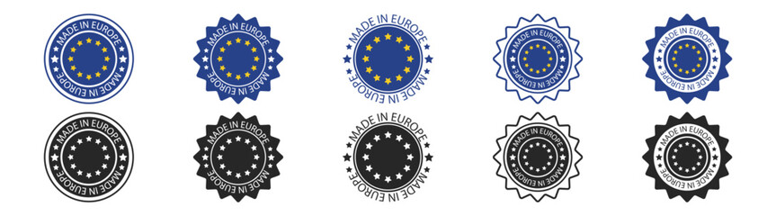 Europa Made EU Badge Label Stamp Icon Set, European Union Product Quality Certification Emblem. Vector Illustration