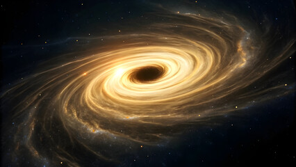 Fototapeta premium A visually stunning, high-resolution digital rendering of a swirling golden galaxy with a dark center, evoking the vastness and beauty of space