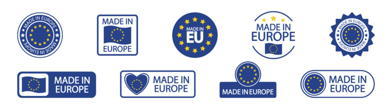 Made in EU Badge Set. European Union Quality Seal and Certification Icons. Vector Emblem and Label Collection on Transparent Background