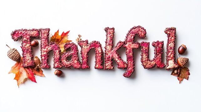 Thankful Word Art Made of Autumn Leaves and Acorns on White Background, Delicate Typography for Fall Greeting Card and Website Header