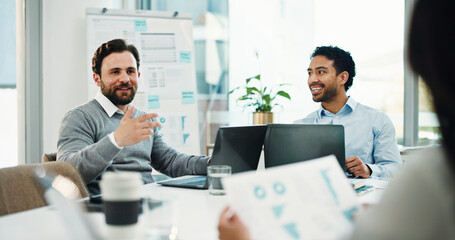 Business people, meeting and discussion with documents for analytics or company performance. Group, employees or colleagues with paperwork or laptop for revenue, statistics or progress in workplace