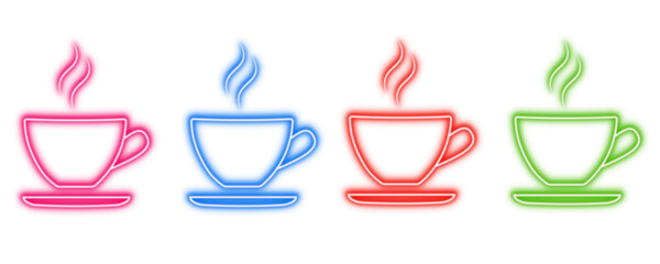 Neon glowing coffee cups vector icons set, hot beverage, steaming drink, cafe, tea, vibrant colorful digital design illustration on transparent background.