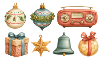 Vintage 1950s Christmas Decorations and Isolated Retro Radio on Transparent Background