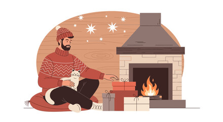 Cozy Christmas Eve Illustration: Man with Cat by Fireplace surrounded by Gifts and Christmas Stars