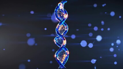 Vertical dna strand spins in blue light. Gene helix represents biology science. Data flows around dna helix, symbolizing genome decoding and molecule-based research in modern biology data study - Powered by Adobe